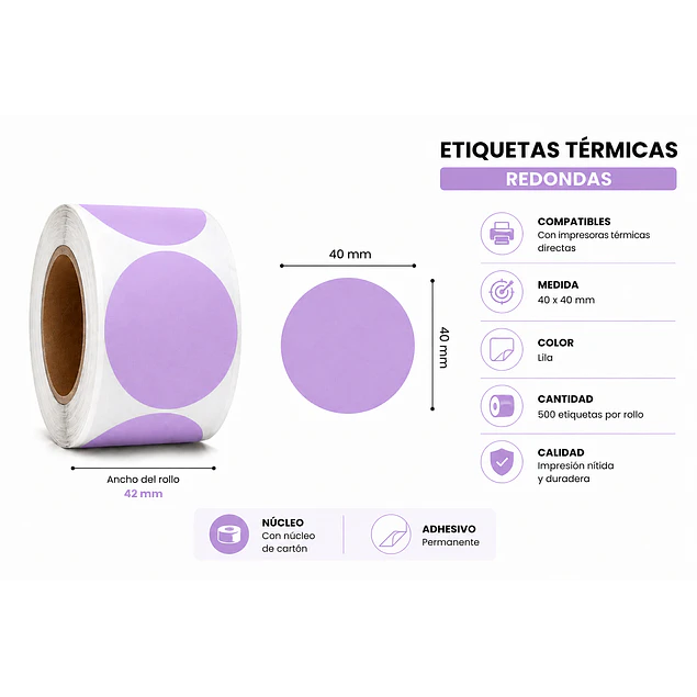Etiquetas Termicas Directa Adhesivas 40x40 Mm Lila 500un