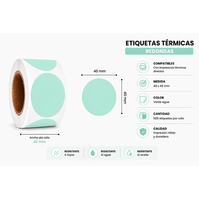 Etiquetas Termicas Directa Adhesivas 40x40 Mm Verde Agua 500un