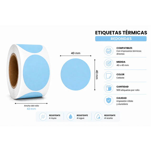 Etiquetas Termicas Directa Adhesivas 40x40 Mm Celeste 500un