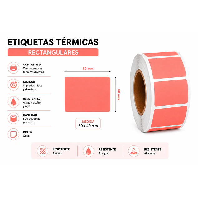 Etiquetas Termicas Directa Adhesivas 60x40 Mm Rosada 500un