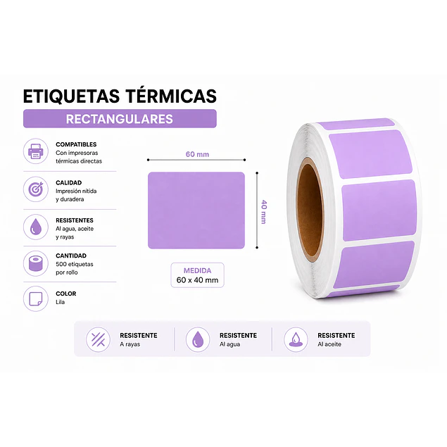 Etiquetas Termicas Directa Adhesivas 60x40 Mm Lila 500un