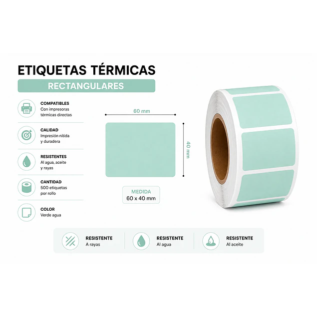 Etiquetas Termicas Directa Adhesivas 60x40 Mm Verde agua 500un