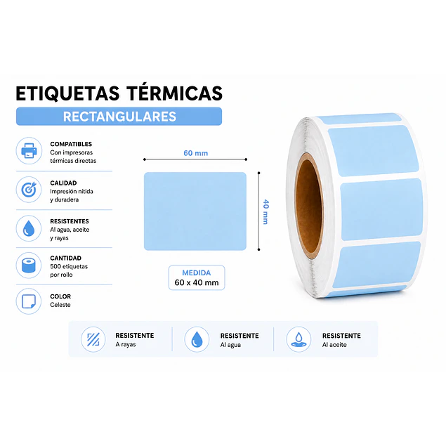 Etiquetas Termicas Directa Adhesivas 60x40 Mm Celeste 500un