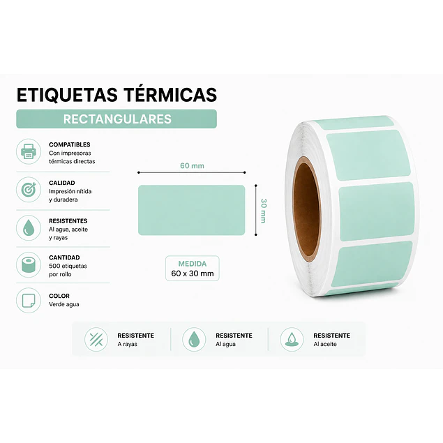 Etiquetas Termicas Directa Adhesivas 60x30 Mm Verde agua 500un
