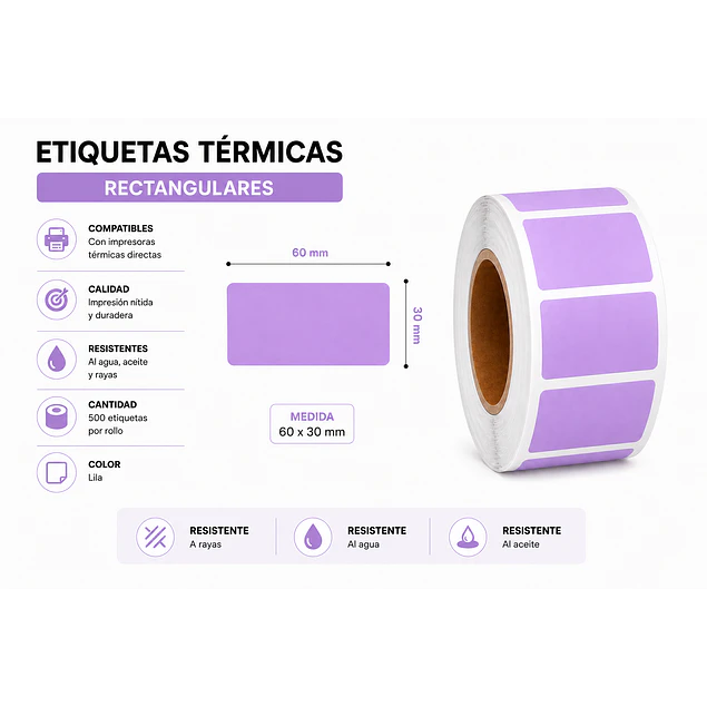Etiquetas Termicas Directa Adhesivas 60x30 Mm Lila 500un