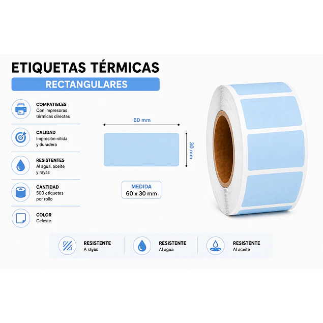 Etiquetas Termicas Directa Adhesivas 60x30 Mm Celeste 500un