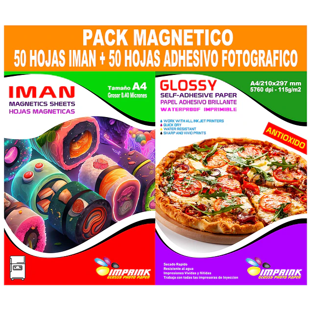 Pack 50 hojas Iman 0,40 mic + 50 hojas Papel adhesivo Antioxido Fotografico 115g