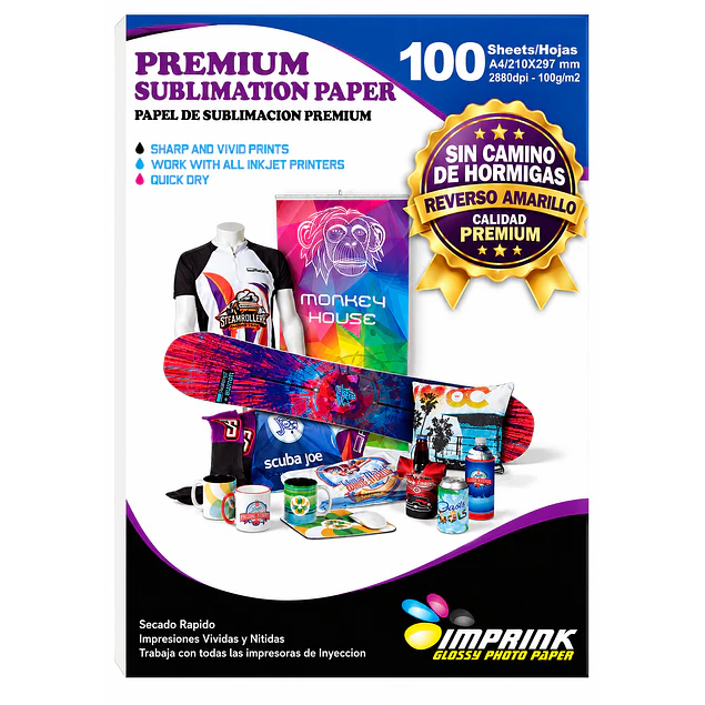 CAJA 20 RESMAS!! Papel Para Sublimación Premium (reverso amarillo) A4  Resma De 100 Hojas  SECADO INSTANTANEO