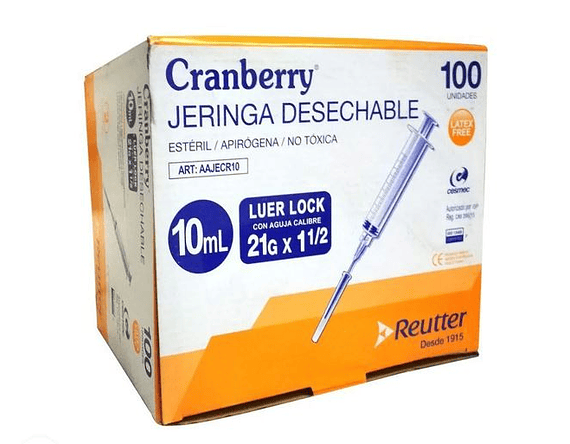 Caja de Jeringa Desechable 10 ml Luer Lock con Aguja Calibre 21G x 1 1/2 Cranberry (Caja de 100 Unidades) 2