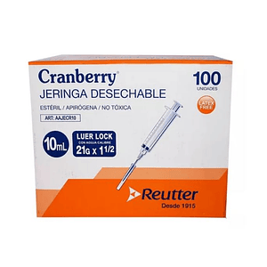 Caja de Jeringa Desechable 10 ml Luer Lock con Aguja Calibre 21G x 1 1/2 Cranberry (Caja de 100 Unidades)