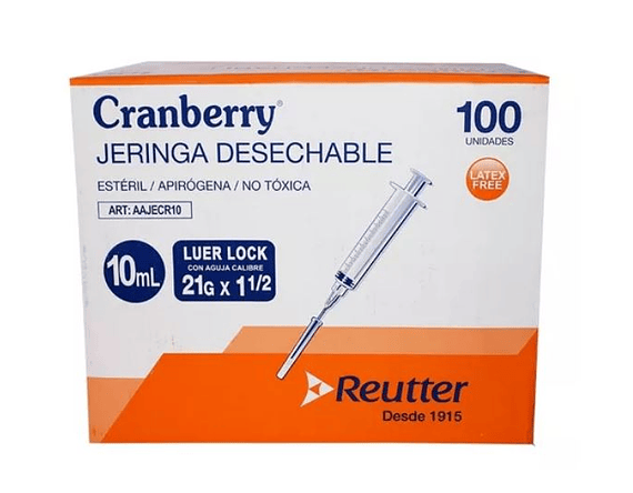 Caja de Jeringa Desechable 10 ml Luer Lock con Aguja Calibre 21G x 1 1/2 Cranberry (Caja de 100 Unidades) 1