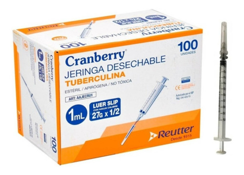 Caja de Jeringa Desechable Tuberculina 1 ml con Aguja Calibre 27G x 1/2 Cranberry (Caja de 100 Unidades)