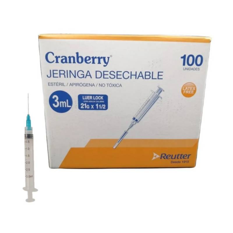 Caja de Jeringa Desechable 3 ml con Aguja Calibre 21G x 1  1/2 Luer Lock Cranberry (Caja de 100 Unidades) 