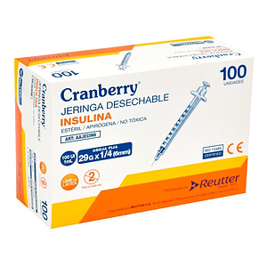 Caja de Jeringa Desechable Insulina 1 ml con Aguja Fija 29G x 1/4 Cranberry (Caja de 100 Unidades)