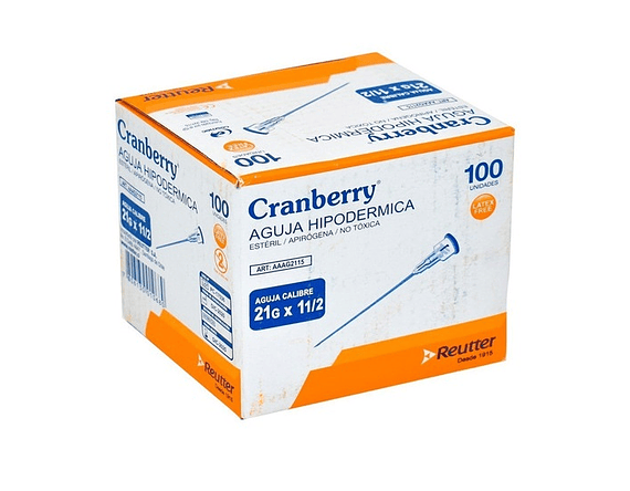 Caja Aguja Hipodérmica  Cranberry (Caja de 100 Unidades) 21G x 1 1/2, 23G x 1, 25G x 5/8. 1