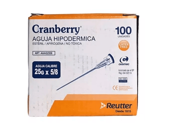 Caja Aguja Hipodérmica  Cranberry (Caja de 100 Unidades) 21G x 1 1/2, 23G x 1, 25G x 5/8. 3