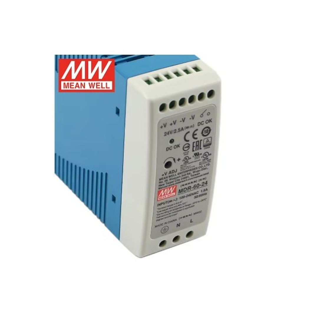 Fuente Poder Mean Well 24VDC, MDR-60-24, Potencia 60W, 1,8A 7