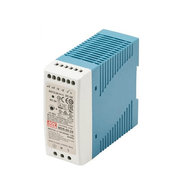 Fuente Poder Mean Well 24VDC, MDR-60-24, Potencia 60W, 1,8A 6