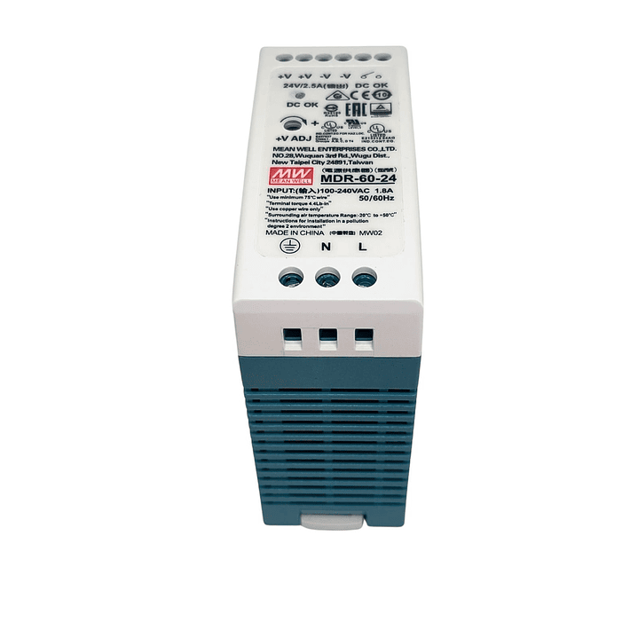 Fuente Poder Mean Well 24VDC, MDR-60-24, Potencia 60W, 1,8A 4