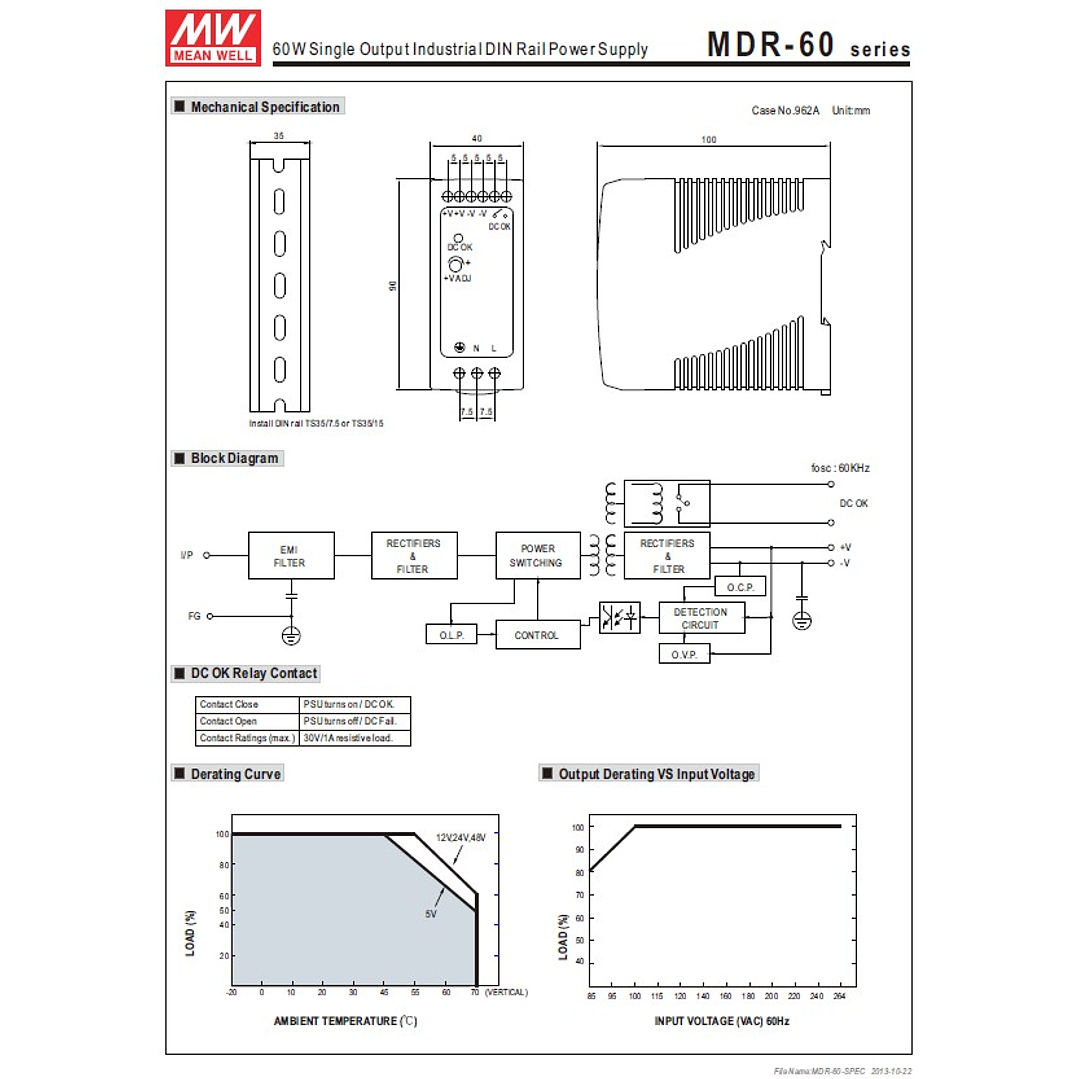 Fuente Poder Mean Well 24VDC, MDR-60-24, Potencia 60W, 1,8A 9