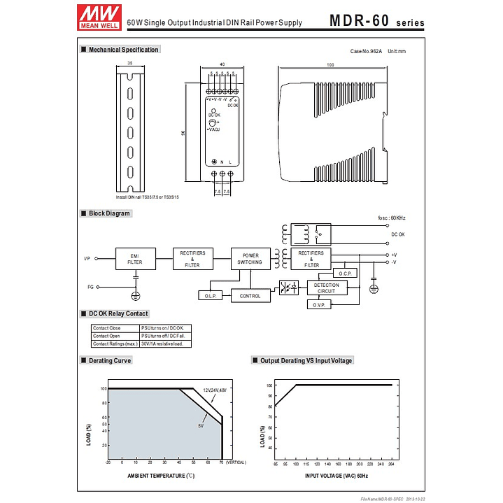Fuente Poder Mean Well 24VDC, MDR-60-24, Potencia 60W, 1,8A 9