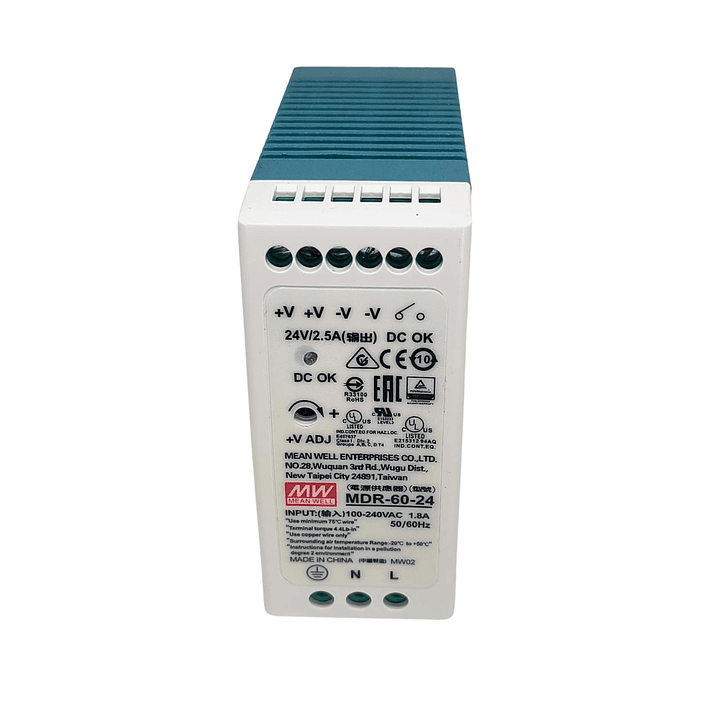 Fuente Poder Mean Well 24VDC, MDR-60-24, Potencia 60W, 1,8A 3