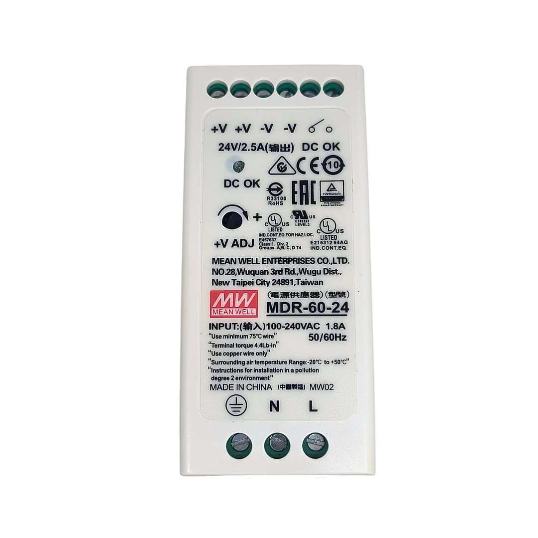 Fuente Poder Mean Well 24VDC, MDR-60-24, Potencia 60W, 1,8A 2
