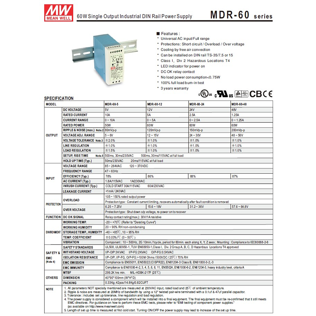 Fuente Poder Mean Well 24VDC, MDR-60-24, Potencia 60W, 1,8A 10