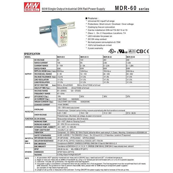 Fuente Poder Mean Well 24VDC, MDR-60-24, Potencia 60W, 1,8A 10