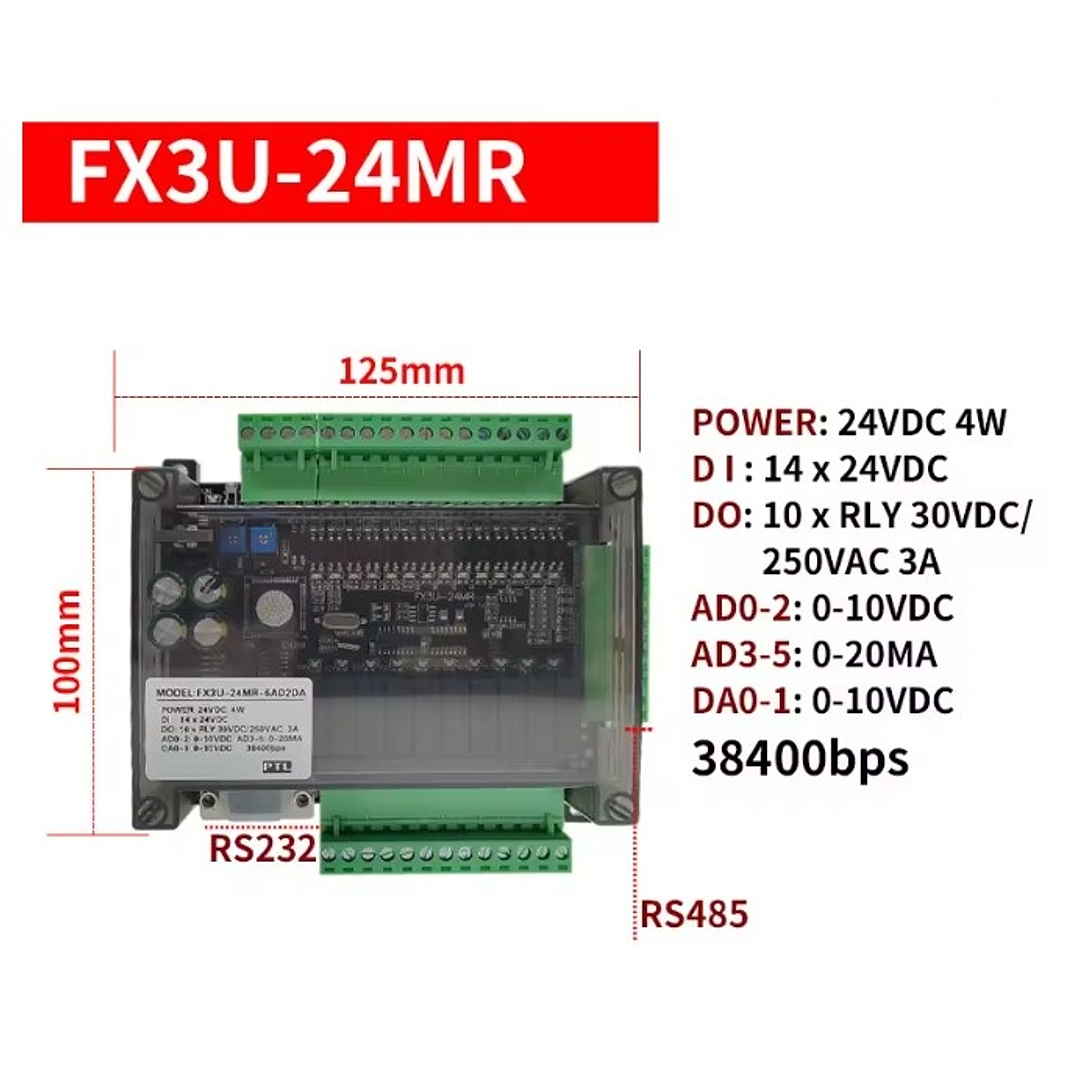 PLC FX3U-24MR, 14 Entradas-10 Salidas De Rele, RS485 + analog 4