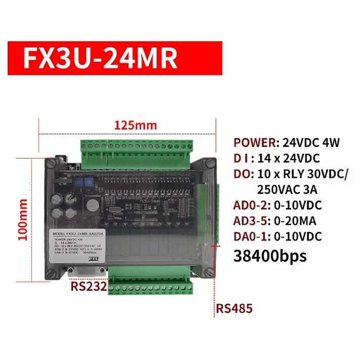 PLC FX3U-24MR, 14 Entradas-10 Salidas De Rele, RS485 + analog 4
