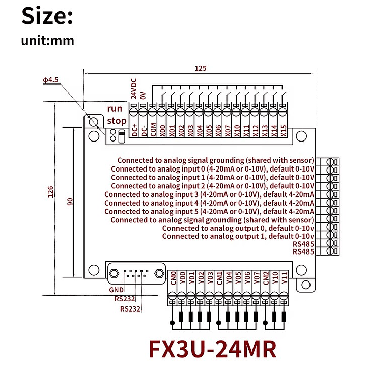 PLC FX3U-24MR, 14 Entradas-10 Salidas De Rele, RS485 + analog 5