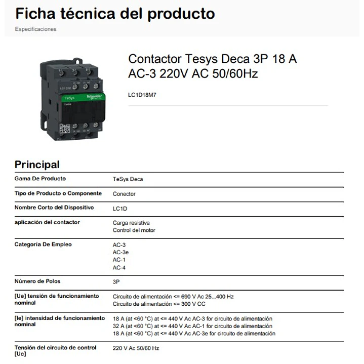 Contactor 18A, Bobina 220VAC, 1NC+1NA,LC1D18M7, Schneider Electric 8
