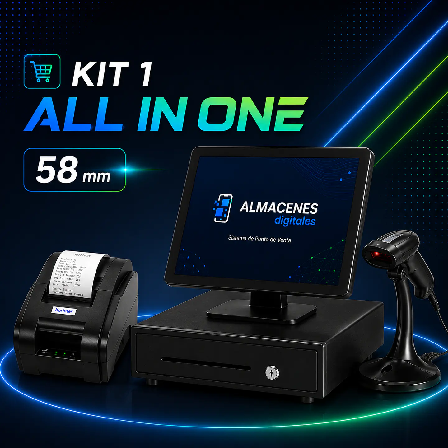 Pack 1:  Punto de venta computador All in one + impresora térmica 58 mm+ Gaveta + Lector 1