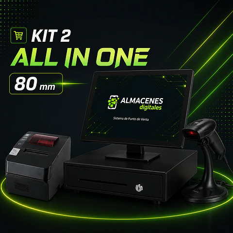 Pack 2:  Punto de venta computador All in one + impresora térmica 80 mm + Gaveta + Lector (Incluye configuración a sistema de ventas Almacenes Digitales) )