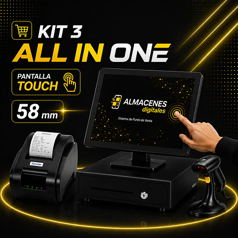 Pack 3 Pro: Punto de venta All-in-One con Pantalla Táctil 21.5" + impresora térmica 58 mm + Gaveta + Lector (Incluye configuración a sistema de ventas Almacenes Digitales) 