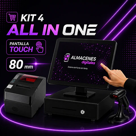 Pack 4 Pro: Punto de venta All-in-One con Pantalla Táctil 21.5" + impresora térmica 80 mm + Gaveta + Lector (Incluye configuración a sistema de ventas Almacenes Digitales) 