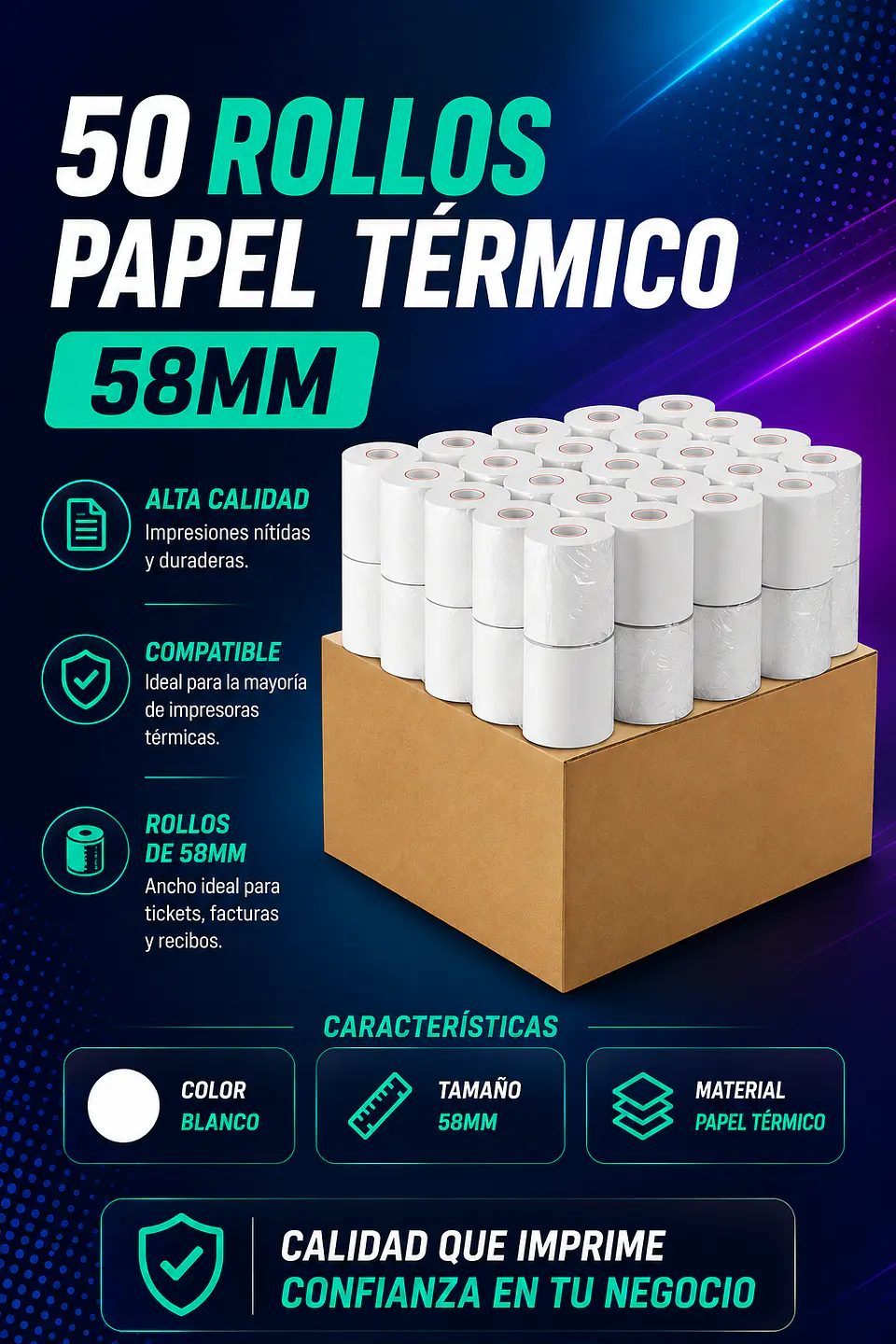 Caja 50 rollos de pepel térmico 58 mm  1