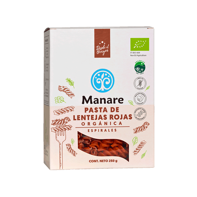 Pasta de Lentejas Rojas Orgánica (Espirales) 250 grs Manare
