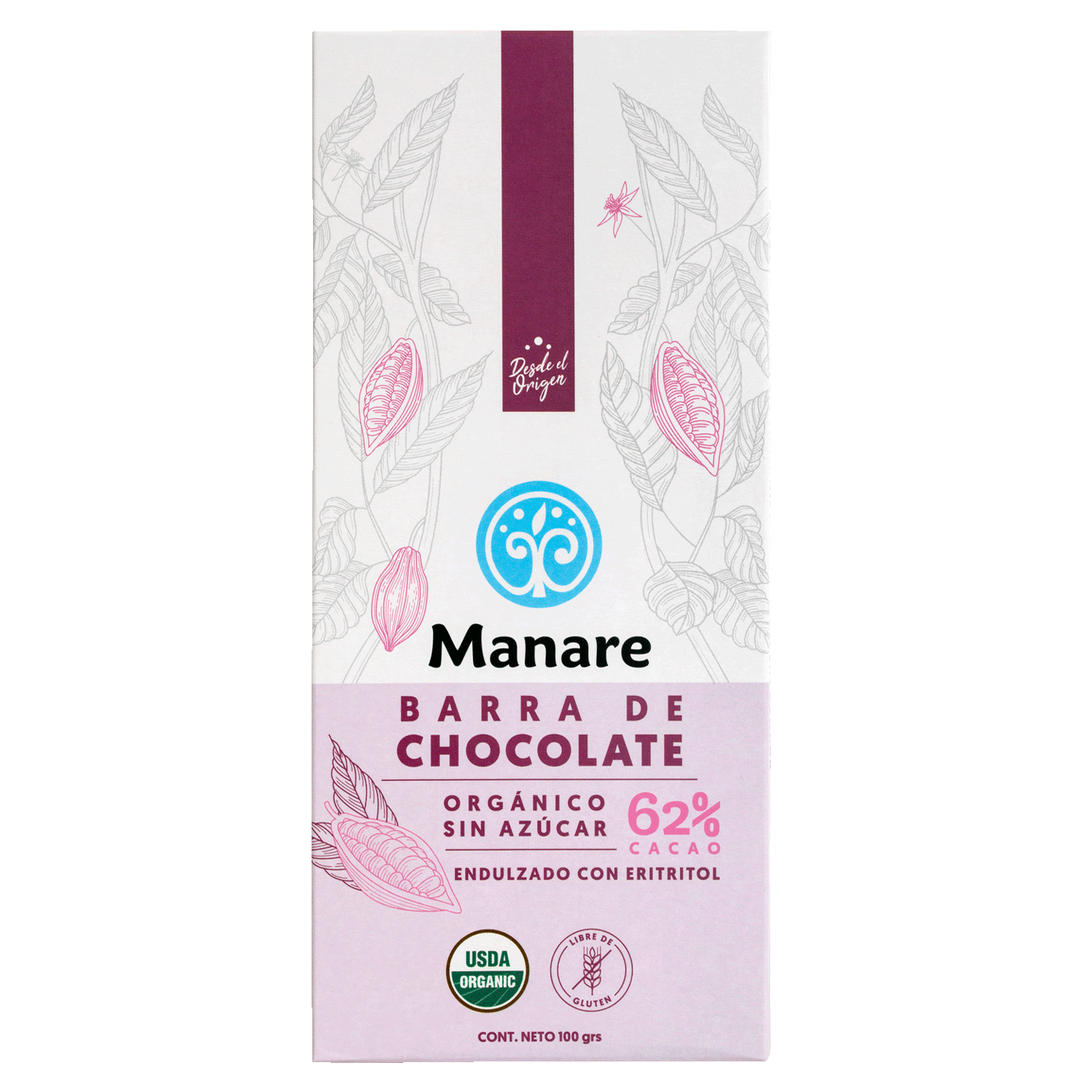 Barra de Chocolate 62% Cacao sin azúcar (100g) Manare
