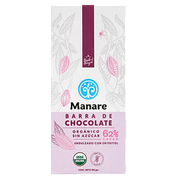 Barra de Chocolate Orgánico Sin Azúcar 62% 100 grs Manare