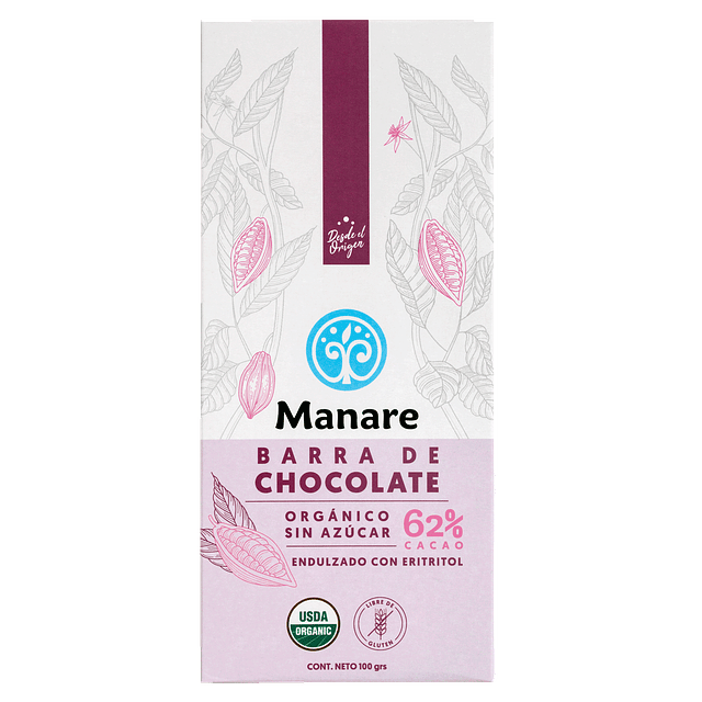 Barra de Chocolate Orgánico Sin Azúcar 62% 100 grs Manare