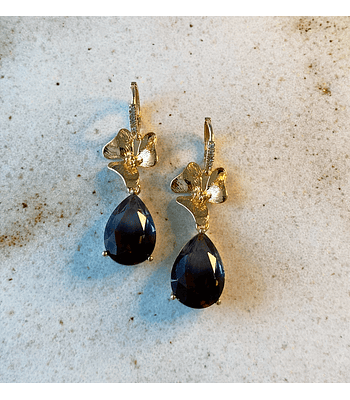 Aro dorado circonitas flor y cristal marrón