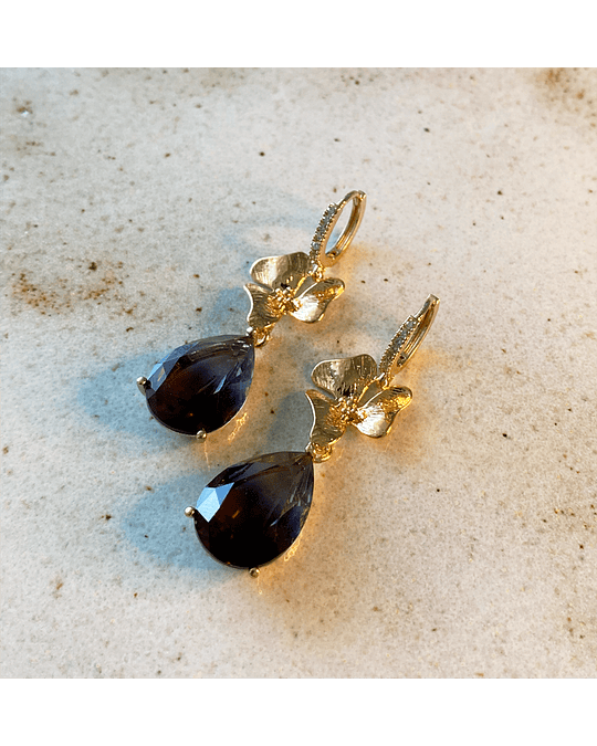 Aro dorado circonitas flor y cristal marrón