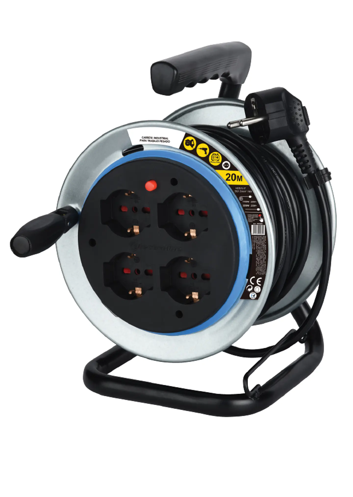 Carrete pro 20mts.16A 4 tomas SHUCKO/Cable 1,5mm 1