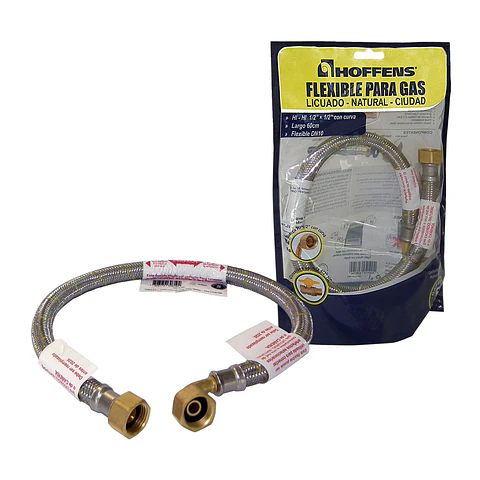 Flexible para gas HI-HI 1/2" x 1/2" con curva 60 cm Hoffens