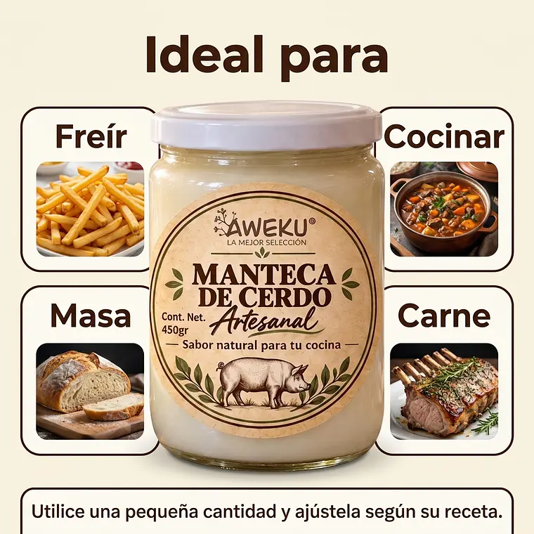 Manteca De Cerdo Artesanal 100% Natural 450g para Cocinar y Freir Marca Aweku 7
