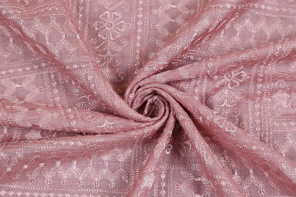 Tela de Seda Tussar 100% Natural Bordada – Rosa 1