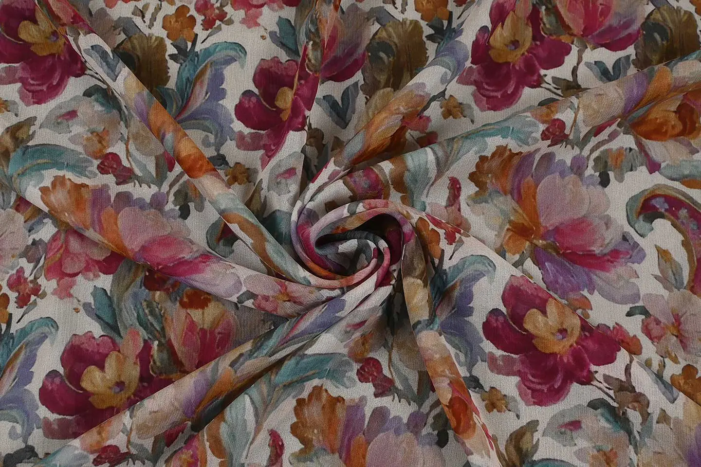 Tela de Seda Chifón 100% Natural Estampada – Floral Blanco 1