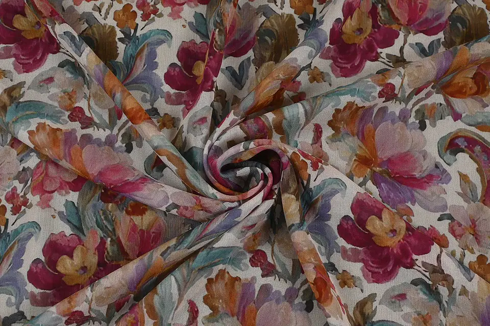 Tela de Seda Chifón 100% Natural Estampada – Floral Blanco 1